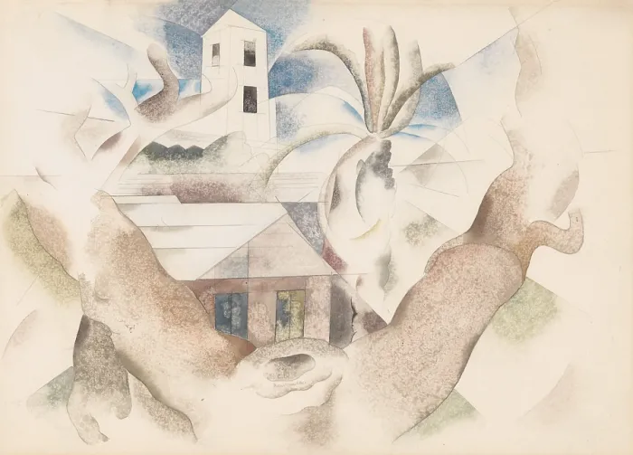 Framed Print : BERMUDA NO. 1, TREE AND HOUSE, by Charles Demuth, 1917, American watercolor painting with pencil. Cubist influenced landscape with trees and houses (BSLOC_2017_7_92) Framed Print : BERMUDA NO. 1, TREE AND HOUSE, by Charles Demuth, 1917, American watercolor painting with pencil. Cubist influenced landscape with trees and houses (BSLOC_2017_7_92)