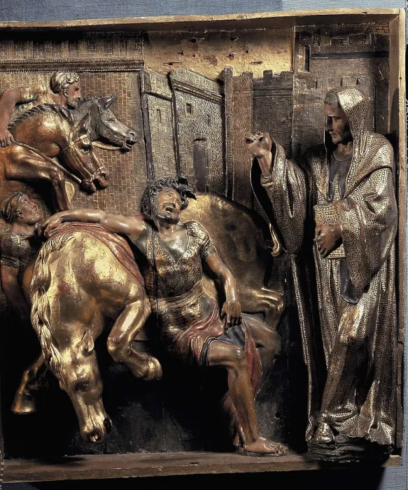 Framed Print : BERRUGUETE, Alonso (1480-1561). Altarpiece of San Benito el Real. 1526. Saint Paul's Conversion. Polychromatic relief. Renaissance art. Sculpture. SPAIN. Valladolid