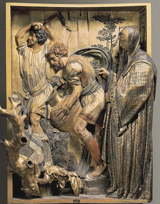 Framed Print : BERRUGUETE, Alonso (1480-1561). Altarpiece of San Benito el Real. 1526. Saint Benedict makes water rise from a tree in Subiaco. Polychrome relief. Renaissance art. Relief. SPAIN Framed Print : BERRUGUETE, Alonso (1480-1561). Altarpiece of San Benito el Real. 1526. Saint Benedict makes water rise from a tree in Subiaco. Polychrome relief. Renaissance art. Relief. SPAIN