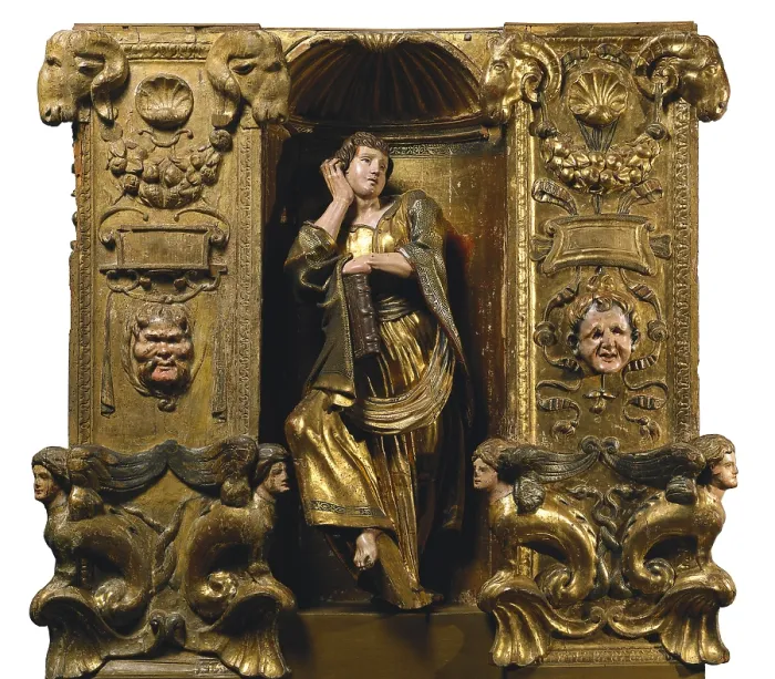 Framed Print : BERRUGUETE, Alonso (1480-1561). Altarpiece of San Benito el Real. 1526. Saint John the Evangelist writing. Multicoloured relief. Renaissance art. Sculpture. SPAIN. Valladolid