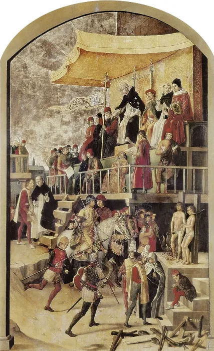 Framed Print : BERRUGUETE, Pedro (1450-1504). Saint Dominic de Guzman Presiding over an Auto-da-fe. ca. 1490. Oil on wood. SPAIN. Madrid. Prado Museum. Proc: SPAIN. Avila. Royal Monastery of St