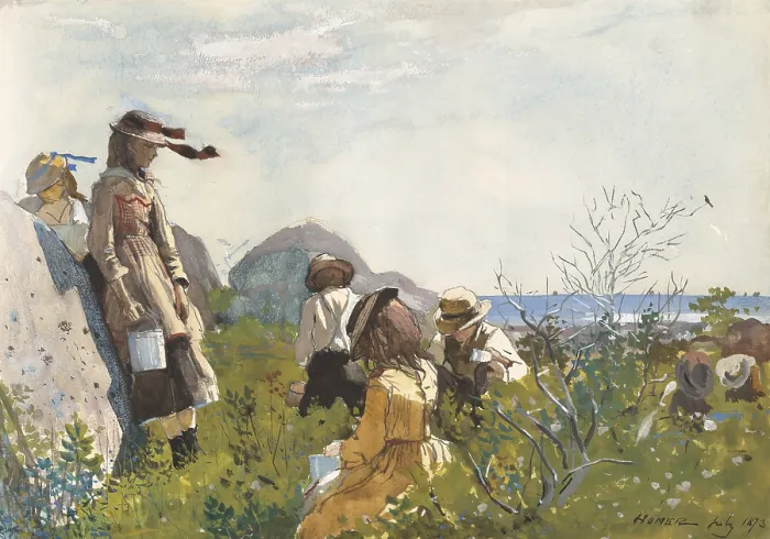 Framed Print : Berry Pickers, by Winslow Homer, 1873, American painting, watercolor on paper. Seven children with metal pails pick berries on the seashore (BSLOC_2016_6_193) Framed Print : Berry Pickers, by Winslow Homer, 1873, American painting, watercolor on paper. Seven children with metal pails pick berries on the seashore (BSLOC_2016_6_193)