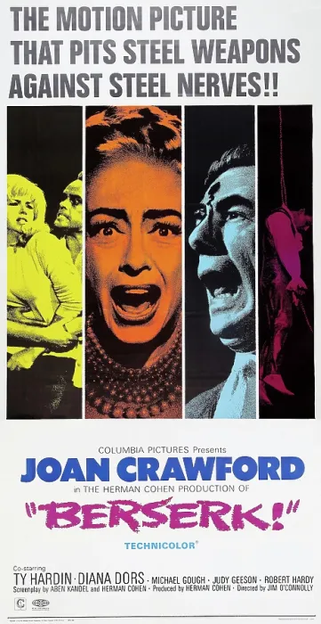 Framed Print : BERSERK, Diana Dors (blue), Joan Crawford (orange), Michael Gough (green), 1967 Framed Print : BERSERK, Diana Dors (blue), Joan Crawford (orange), Michael Gough (green), 1967