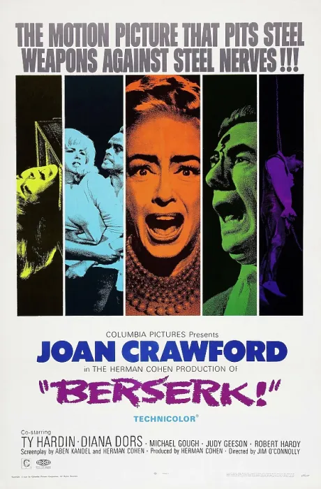 Framed Print : BERSERK, US poster art, Diana Dors (blue), Joan Crawford (orange), Michael Gough (green), 1967