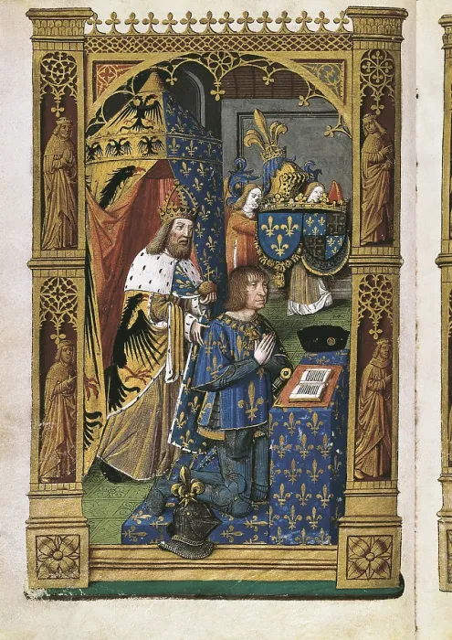 Framed Print : BESANON, Master Jacques de (end 15th century). Book of Hours of Charles VIII. ca. 1480-1498. Louis XII of France praying, protected by Charlemagne. Flemish art Framed Print : BESANON, Master Jacques de (end 15th century). Book of Hours of Charles VIII. ca. 1480-1498. Louis XII of France praying, protected by Charlemagne. Flemish art