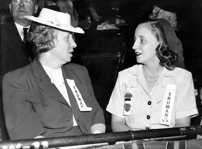 Framed Print : Bess and Margaret Truman at the 1940 Democratic Convention. They wear Truman for VP Ribbons