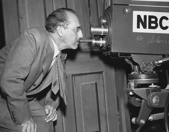 Framed Print : YOU BET YOUR LIFE, Groucho Marx (host), staring through TV camera lens, on set, 1951-1961
