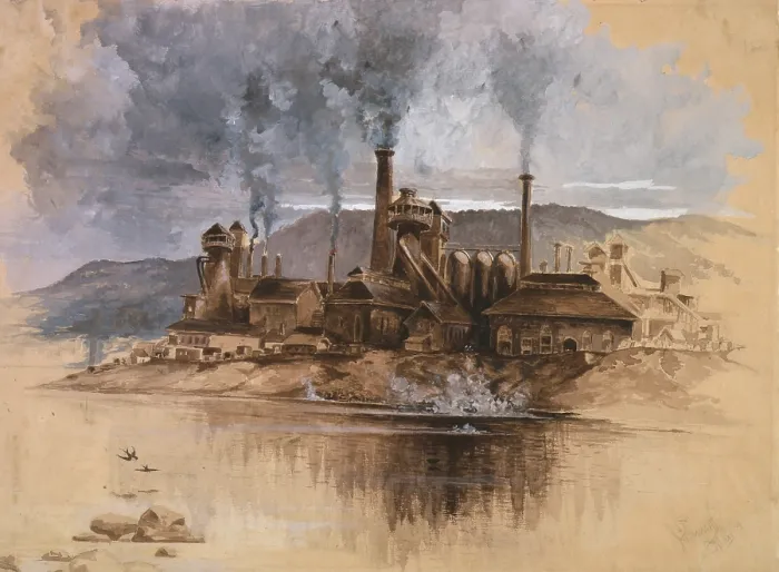 Framed Print : Bethlehem Steel Works in May 1881. Watercolor painting by Joseph Pennell