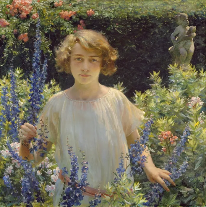 Framed Print : BETTY GALLOWHUR, by Charles Courtney Curran, 1922, American painting, oil on canvas. Curran painted the girl dressed in white posed in brilliant sunshine Framed Print : BETTY GALLOWHUR, by Charles Courtney Curran, 1922, American painting, oil on canvas. Curran painted the girl dressed in white posed in brilliant sunshine