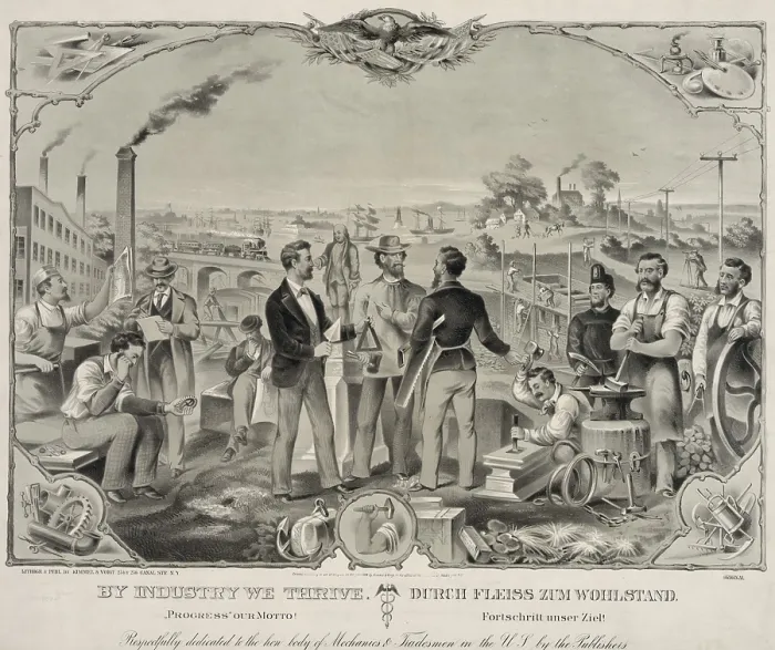Framed Print : Bi-lingual poster in English and German, BY INDUSTRY WE THRIVE, 1873