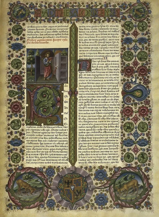 Framed Print : Bible of Borso d'Este (1455-1461)executed in Ferrara by Pietro Paolo Marone. St. Paul's Epistlesto the Thessalonians. Renaissance art. Quattrocento. Miniature Painting Framed Print : Bible of Borso d'Este (1455-1461)executed in Ferrara by Pietro Paolo Marone. St. Paul's Epistlesto the Thessalonians. Renaissance art. Quattrocento. Miniature Painting