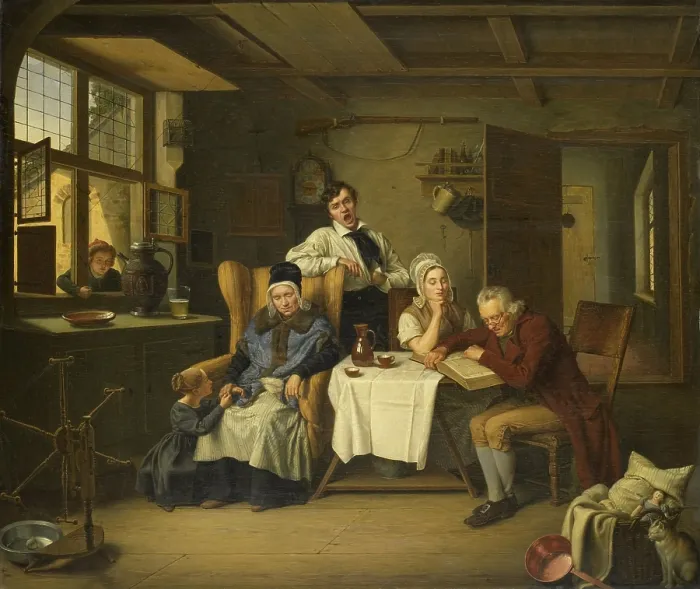 Framed Print : Bible Reading, by Eduard Karl Gustav Lebrecht Pistorius, 1831, Dutch painting, oil on canvas. Genre scene of family worship at home