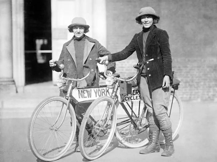 Framed Print : Bicycle. Beverly Bayard & Lorline Davis with bikes, ca. 1920