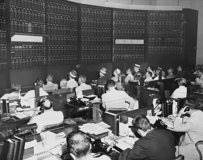 Framed Print : Big board in Merrill Lynch, Pierce, Fenner & Beane's office at 148 Pierrepont Street in Brooklyn