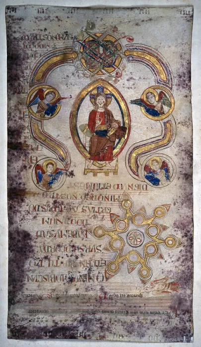 Framed Print : Big Capital V of the Vere Dignum with a figure of Christ in an Almond; Exultet, by Unknown Artist, 11th - 12th Century, miniature - Italy, Lazio, Gaeta, Diocesan Museum