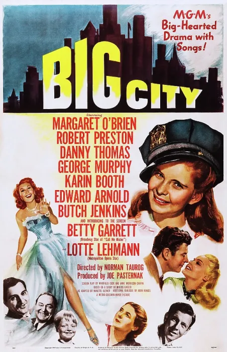 Framed Print : BIG CITY, l-r: Betty Garrett, Danny Thomas, Edward Arnold, Butch Jenkins, Lotte Lehmann, George Murphy, Robert Preston, Karin Booth, Margaret O'Brien on poster art, 1948