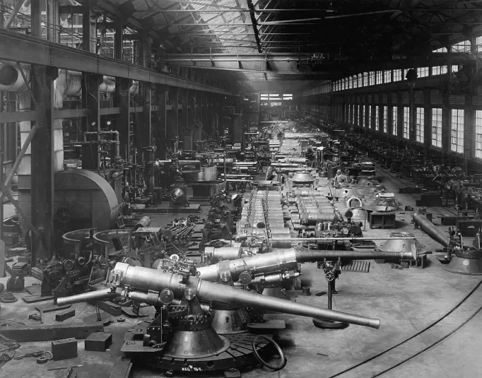 Framed Print : Big guns manufactured at the Bethlehem Steel Company. 6 inch guns with their mounts in foreground; immediately in the rear, slides or cradles for 10, 12 and 14 inch guns