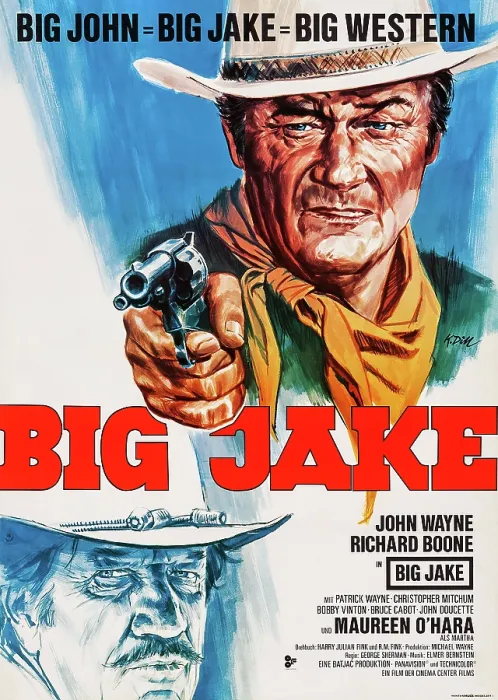 Framed Print : BIG JAKE, German poster art, from bottom left: Richard Boone, John Wayne, 1971