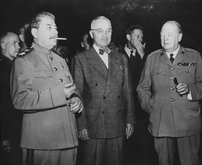 Framed Print : The Big Three leaders of the Allies fighting against the Axis nations of World War 2. L-R: Joseph Stalin, Harry Truman, and Winston Churchill. July 18, 1945