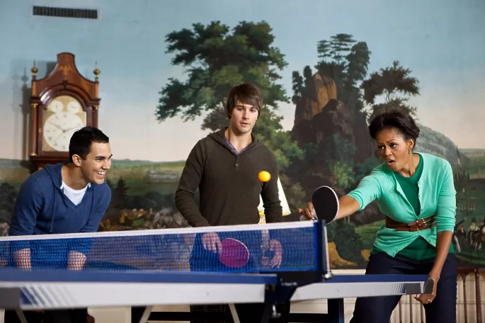 Framed Print : Big Time Rush band members and First Lady Michelle Obama play Table tennis at the White House Framed Print : Big Time Rush band members and First Lady Michelle Obama play Table tennis at the White House