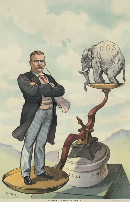 Framed Print : BIGGER THAN HIS PARTY. PUCK Magazine cartoon of May 7, 1902. President Theodore Roosevelt standing on the scale of Public Opinion and outweighing the Republican Elephant