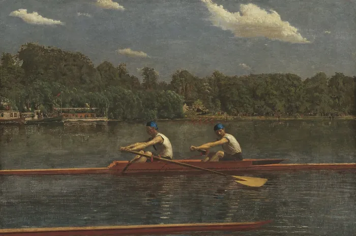 Framed Print : The Biglin Brothers Racing, by Thomas Eakins, 1872, American painting, oil on canvas. Bliglin brothers in a two-man scull