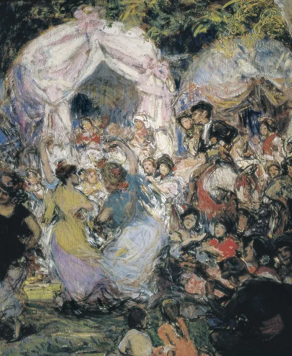 Framed Print : BILBAO Y MARTINEZ, Gonzalo (1860-1938). A Stop on the Way. Romera (Pilgrimage) of the Roco. c. 1915. Right detail. Costumbrism. Oil on canvas. SPAIN. Bilbao