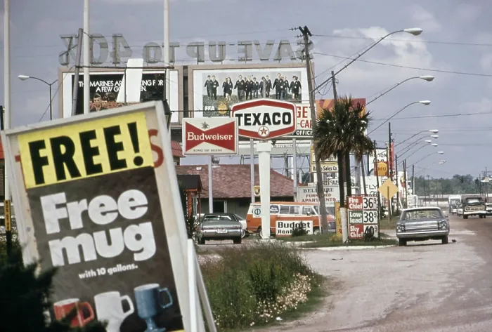 Framed Print : Billboards and advertising clutter a road in Real County Texas. June 1972 Framed Print : Billboards and advertising clutter a road in Real County Texas. June 1972