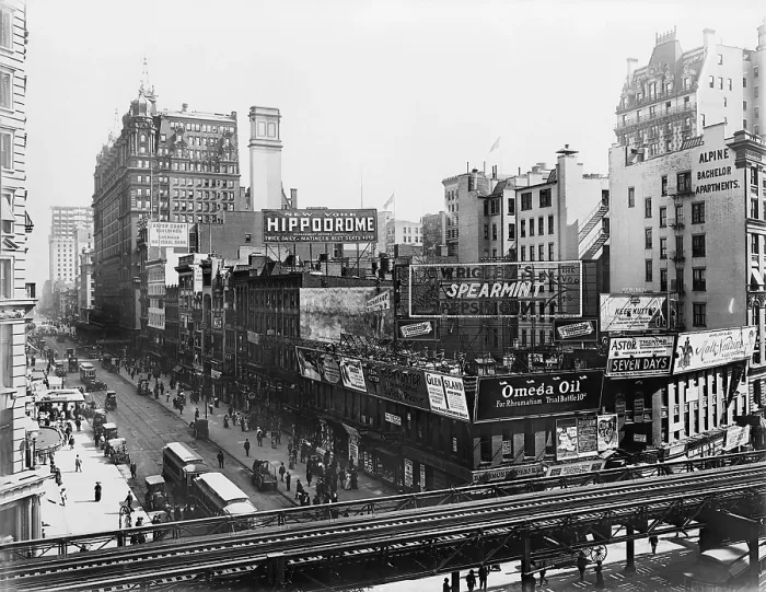 Framed Print : Billboards dominate the 1910 view of New York City's 34th St. and Sixth Avenue. Wrigley's Gum and Budweiser are among the brands advertised on billboards