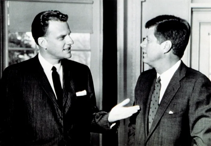 Framed Print : Billy Graham greets President John F. Kennedy in unannounced White House visit, 12 / 2 / 61. Courtesy: CSU Archives  /  Everett Collection