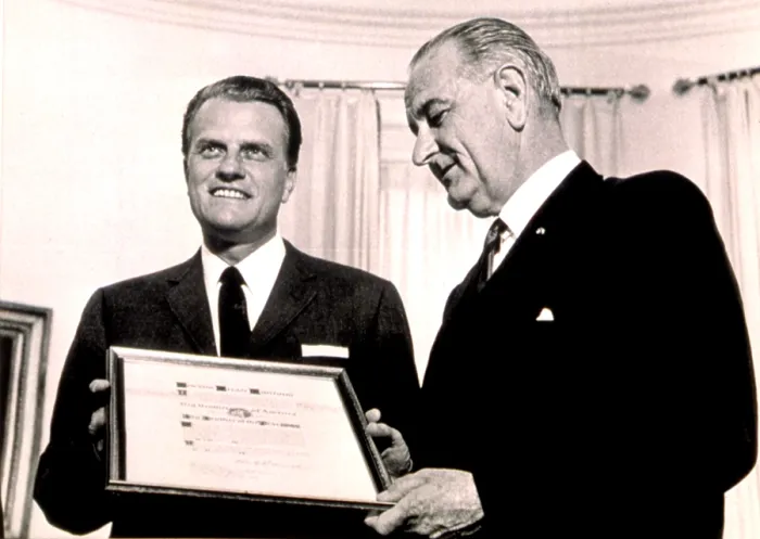 Framed Print : Billy Graham & President Lyndon B. Johnson awarding Graham Big Brother of the Year, White House, 5 / 10 / 66. Courtesy: CSU Archives  /  Everett Collection