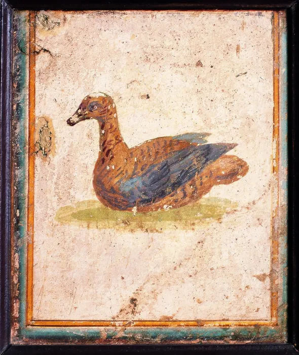 Framed Print : Bird, by unknown artist, 10-45, 1st Century A.D. ripped fresco, 26 x 22 cm - Italy, Campania, Naples, National Archaeological Museum, Room LXXVII, inv. 8740. Whole artwork view Framed Print : Bird, by unknown artist, 10-45, 1st Century A.D. ripped fresco, 26 x 22 cm - Italy, Campania, Naples, National Archaeological Museum, Room LXXVII, inv. 8740. Whole artwork view