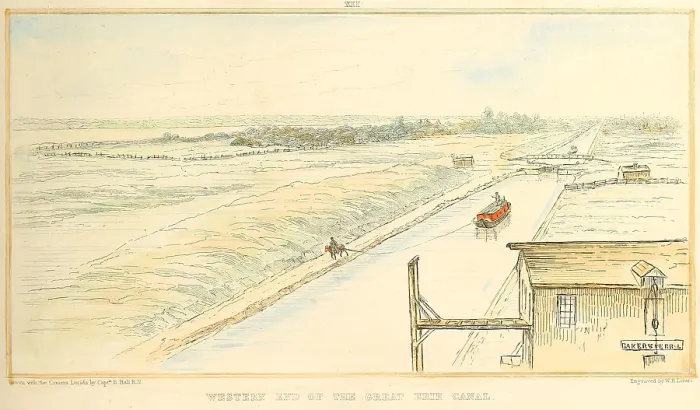 Framed Print : Bird's-eye view of a canal boat traveling on the western end of the Erie Canal between Rochester and Middleport, 1829 Framed Print : Bird's-eye view of a canal boat traveling on the western end of the Erie Canal between Rochester and Middleport, 1829