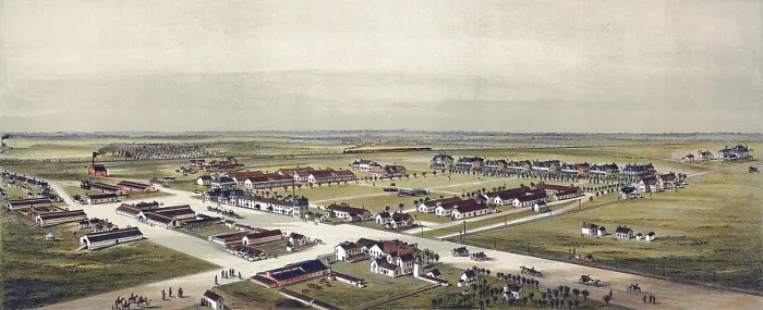 Framed Print : Birds eye view of Fort Reno, Oklahoma Territory 1891. Drawn by T. M. Fowler. color lithograph, 1891 Framed Print : Birds eye view of Fort Reno, Oklahoma Territory 1891. Drawn by T. M. Fowler. color lithograph, 1891