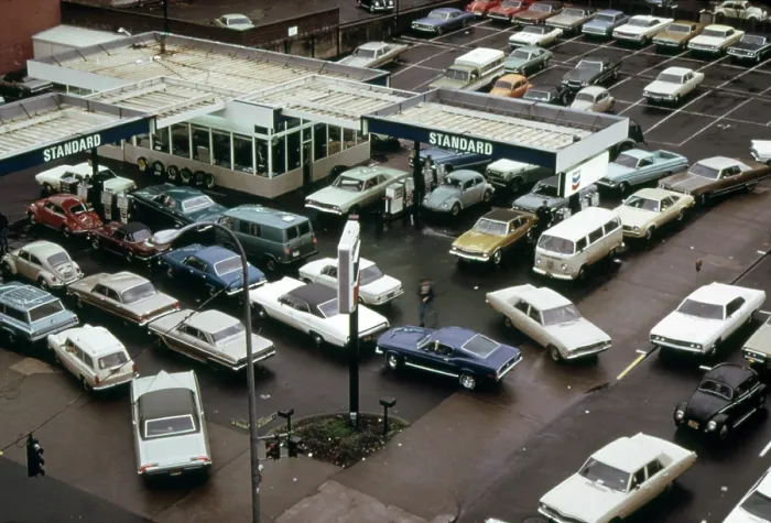 Framed Print : Bird's eye view of a gas station in Portland Oregon with cars lined up to receive only five gallons of fuel during the 1973-74 energy crisis Framed Print : Bird's eye view of a gas station in Portland Oregon with cars lined up to receive only five gallons of fuel during the 1973-74 energy crisis