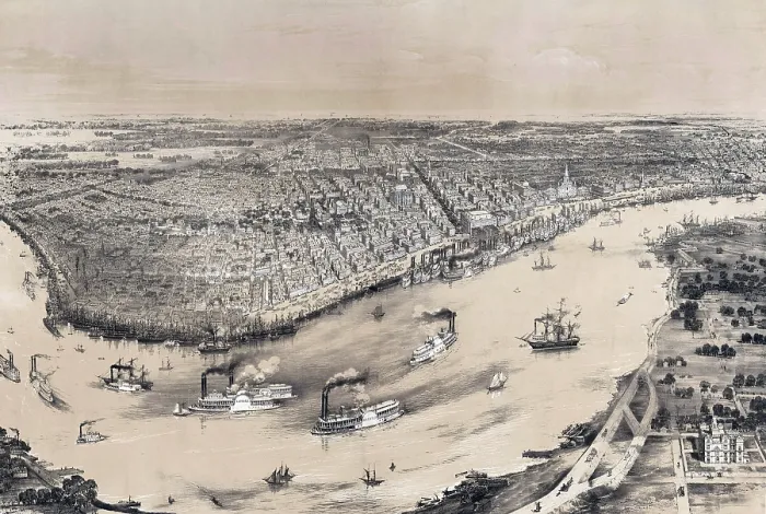 Framed Print : Birds eye view of New-Orleans in 1851, with dense riverboat traffic on the Mississippi River Framed Print : Birds eye view of New-Orleans in 1851, with dense riverboat traffic on the Mississippi River