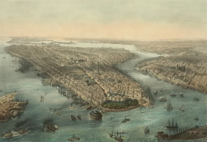 Framed Print : Bird's Eye View of New York, showing the Battery, Manhattan, Brooklyn, and the East River in the 1850s (BSLOC_2019_8_185)