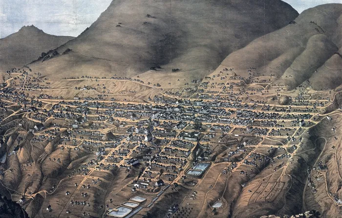 Framed Print : Birds eye view of Virginia City, Nevada. Drawn by Augustus Koch. color lithograph, 1875 Framed Print : Birds eye view of Virginia City, Nevada. Drawn by Augustus Koch. color lithograph, 1875