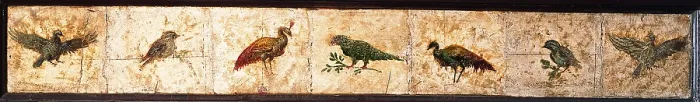 Framed Print : Birds and Peacocks, by unknown artist, 54-69, 1st Century A.D. ripped fresco, 11 x 89 cm - Italy, Campania, Naples, National Archaeological Museum, Room LXXVII, inv. 8712