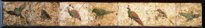 Framed Print : Birds and Peacocks, by unknown artist, 54-69, 1st Century A.D. ripped fresco, 11 x 89 cm - Italy, Campania, Naples, National Archaeological Museum, Room LXXVII, inv. 8711