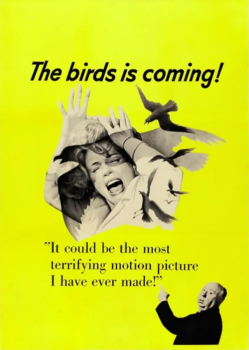 Framed Print : THE BIRDS, top: Tippi Hedren, bottom right: Alfred Hitchcock on Canadian poster art, 1963