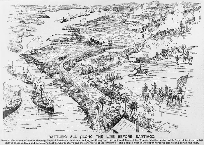 Framed Print : Birdseye view of the Santiago Campaign of the Spanish American War. The Spanish fleet trapped by US blockade, and US troops are fighting for positions at Santiago de Cuba Framed Print : Birdseye view of the Santiago Campaign of the Spanish American War. The Spanish fleet trapped by US blockade, and US troops are fighting for positions at Santiago de Cuba