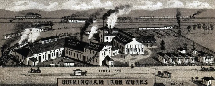 Framed Print : Birmingham Iron Works. Birmingham, Alabama. Duotone lithograph ca. 1885 Framed Print : Birmingham Iron Works. Birmingham, Alabama. Duotone lithograph ca. 1885