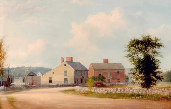 Framed Print : Birthplaces of US Presidents John and John Quincy Adams, as they appeared in 1849. On left is the John Quincy Adams birthplace and home of John and Abigail Adams Framed Print : Birthplaces of US Presidents John and John Quincy Adams, as they appeared in 1849. On left is the John Quincy Adams birthplace and home of John and Abigail Adams