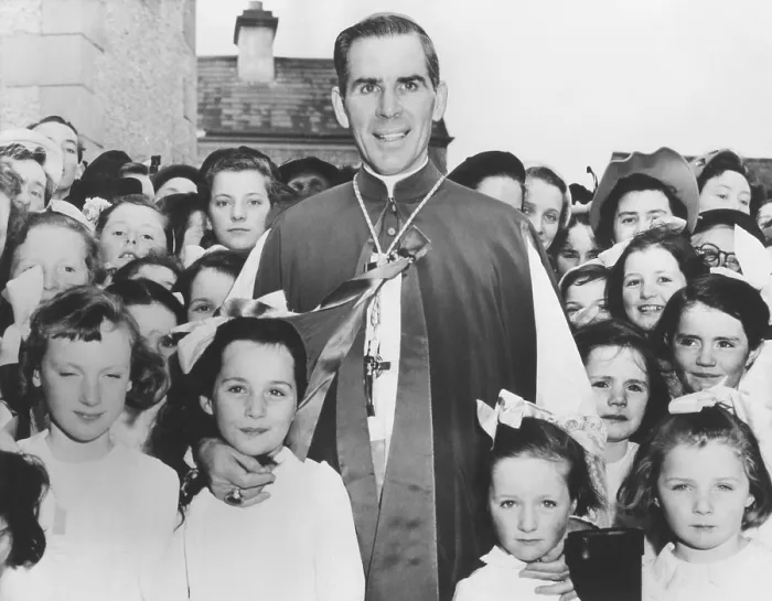 Framed Print : Bishop Fulton Sheen with Irish children in Choghan County, Roscommon, Ireland. April 22, 1952