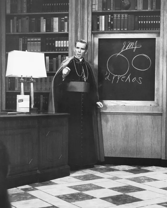 Framed Print : Bishop Fulton Sheen presents an illustrated theology lesson on his TV show, LIFE IS WORTH LIVING. Dec. 13, 1954. (CSU_2015_9_1146) Framed Print : Bishop Fulton Sheen presents an illustrated theology lesson on his TV show, LIFE IS WORTH LIVING. Dec. 13, 1954. (CSU_2015_9_1146)