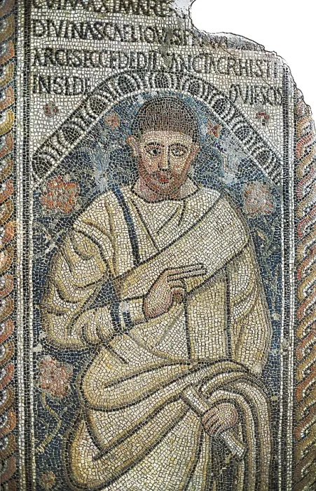 Framed Print : Bishop Optimus tombstone. 4th c. Paleo-christian art. Mosaic. SPAIN. Tarragona. Paleochristian Museum. AISA / Everett Collection**US SALES ONLY**