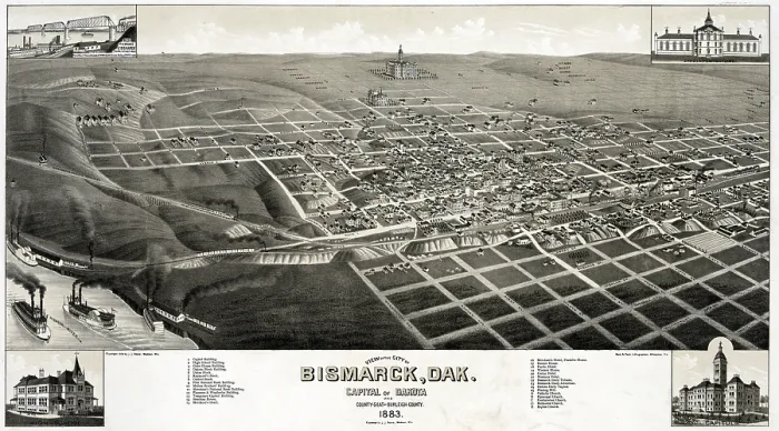 Framed Print : Bismarck, North Dakota, the capital of the Dakota Territory. color lithograph, 1875