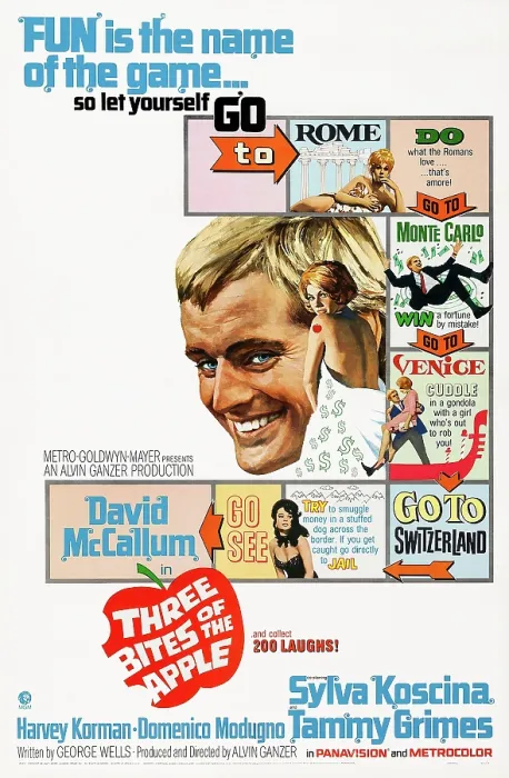 Framed Print : THREE BITES OF THE APPLE, US poster art, from left: David McCallum, Sylva Koscina, 1967