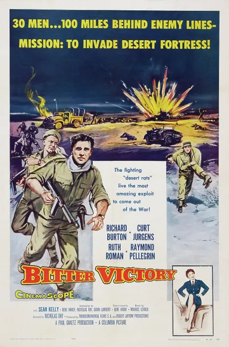 Framed Print : BITTER VICTORY, US poster art, left: Curd Jurgens, Richard Burton; bottom right: Ruth Roman, 1957 Framed Print : BITTER VICTORY, US poster art, left: Curd Jurgens, Richard Burton; bottom right: Ruth Roman, 1957